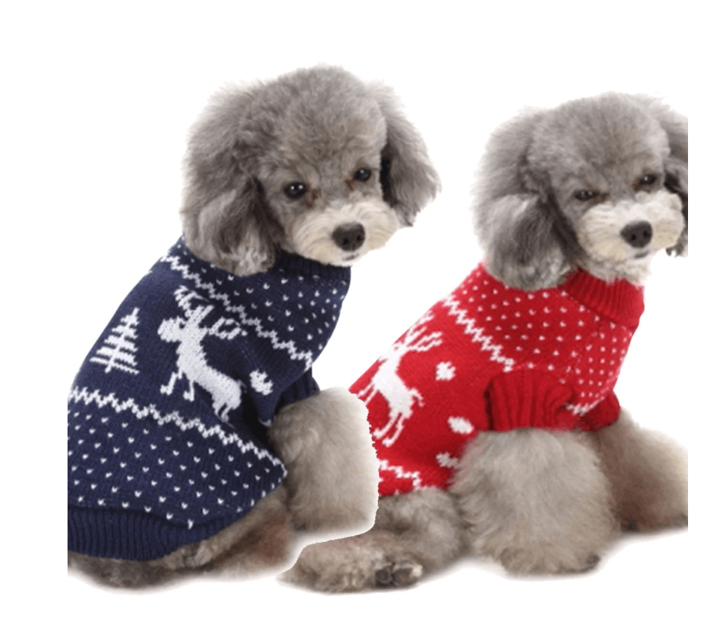 Festive Holiday Pet Sweater - Blue And Red Christmas Reindeer Design-0